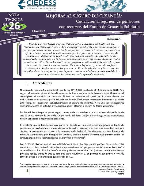 Mejoras al seguro de cesantía: Cotización al régimen de pensiones con recursos del Fondo de Cesantía Solidario