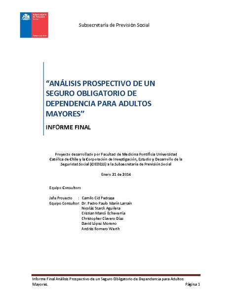 "Análisis Prospectivo de un Seguro Obligatorio de Dependencia para Adultos Mayores"