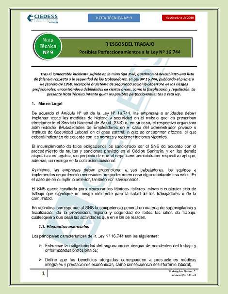 Riesgos del trabajo: Posibles perfeccionamientos a la ley N°16.744