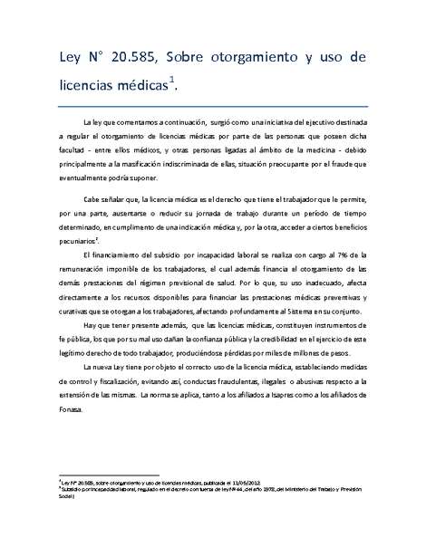 Ley N° 20.585: Sobre otorgamiento y uso de licencias médicas